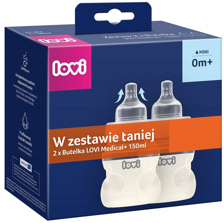 Lovi zestaw 2 butelek medical+ 2x 150ml 0m+ smoczek supervent