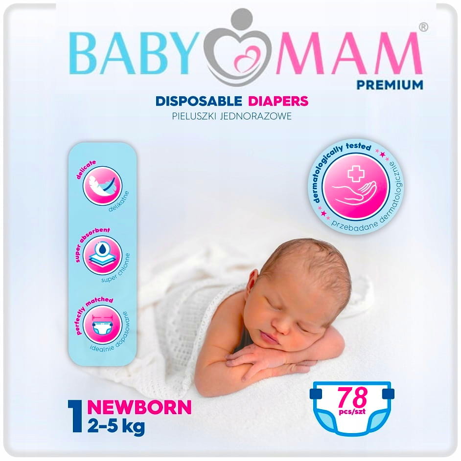 Pieluchy pieluszki jednorazowe babymam newborn 1 (2-5kg) 78szt extra care