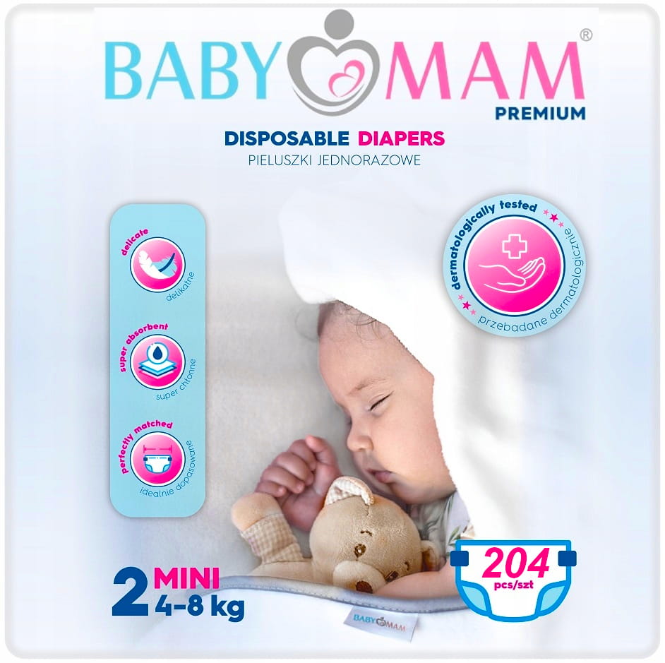 Pieluchy pieluszki jednorazowe babymam mini 2 (4-8kg) 204szt extra care