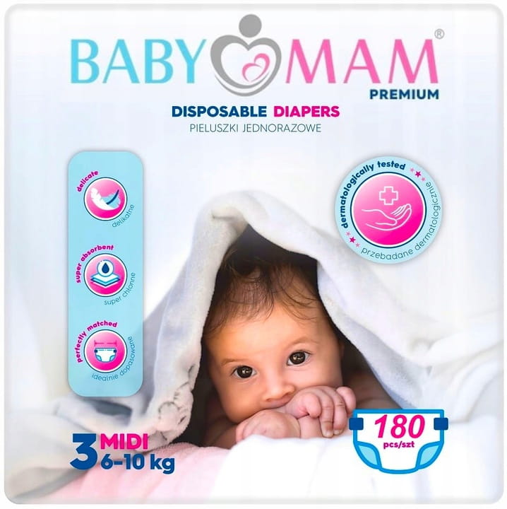 Pieluchy pieluszki jednorazowe babymam midi 3 (6-10kg) 180szt extra care